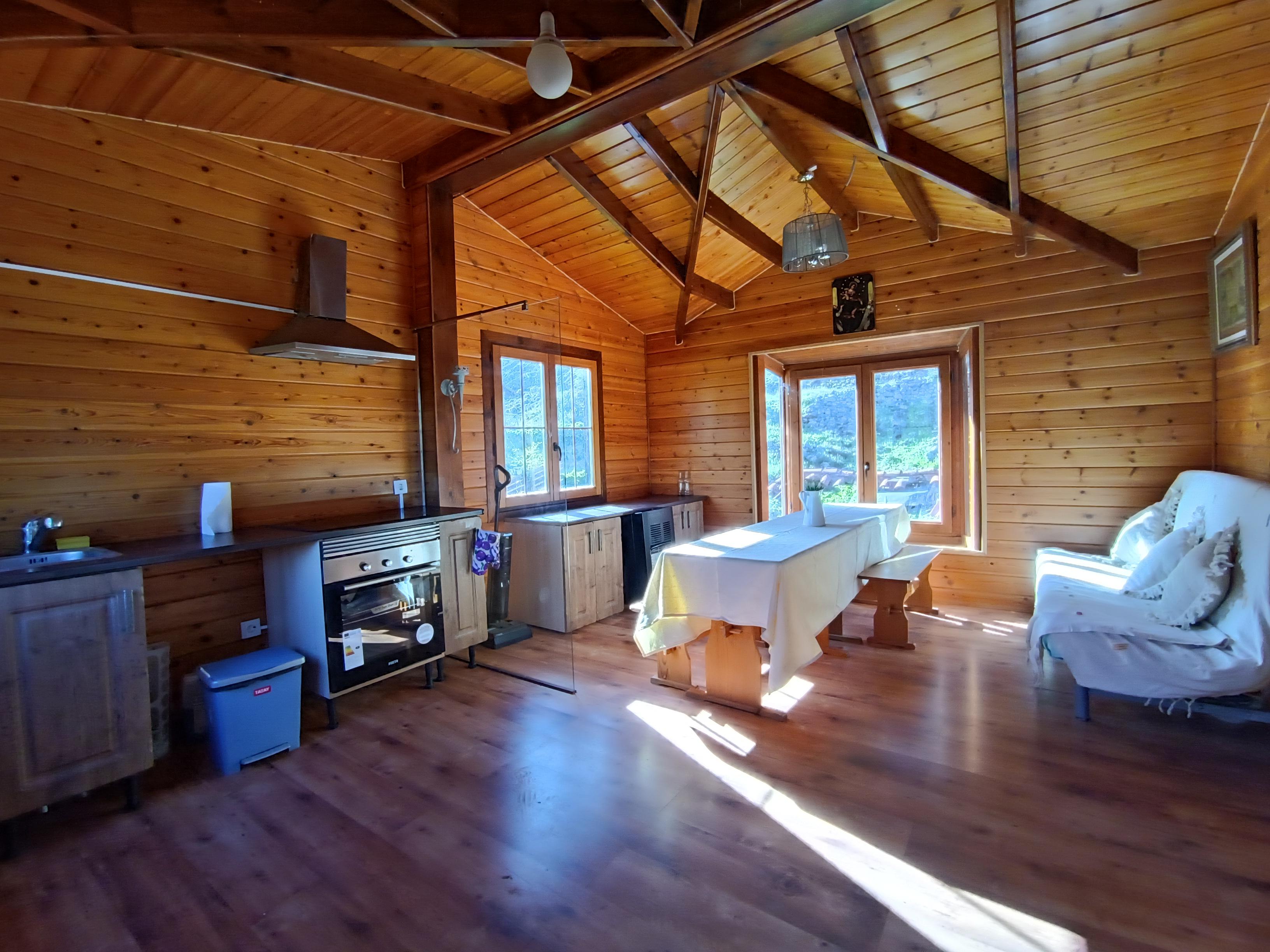 Vista amplia del salón, cocina y comedor con techo abovedado de madera, mesa larga y sofá