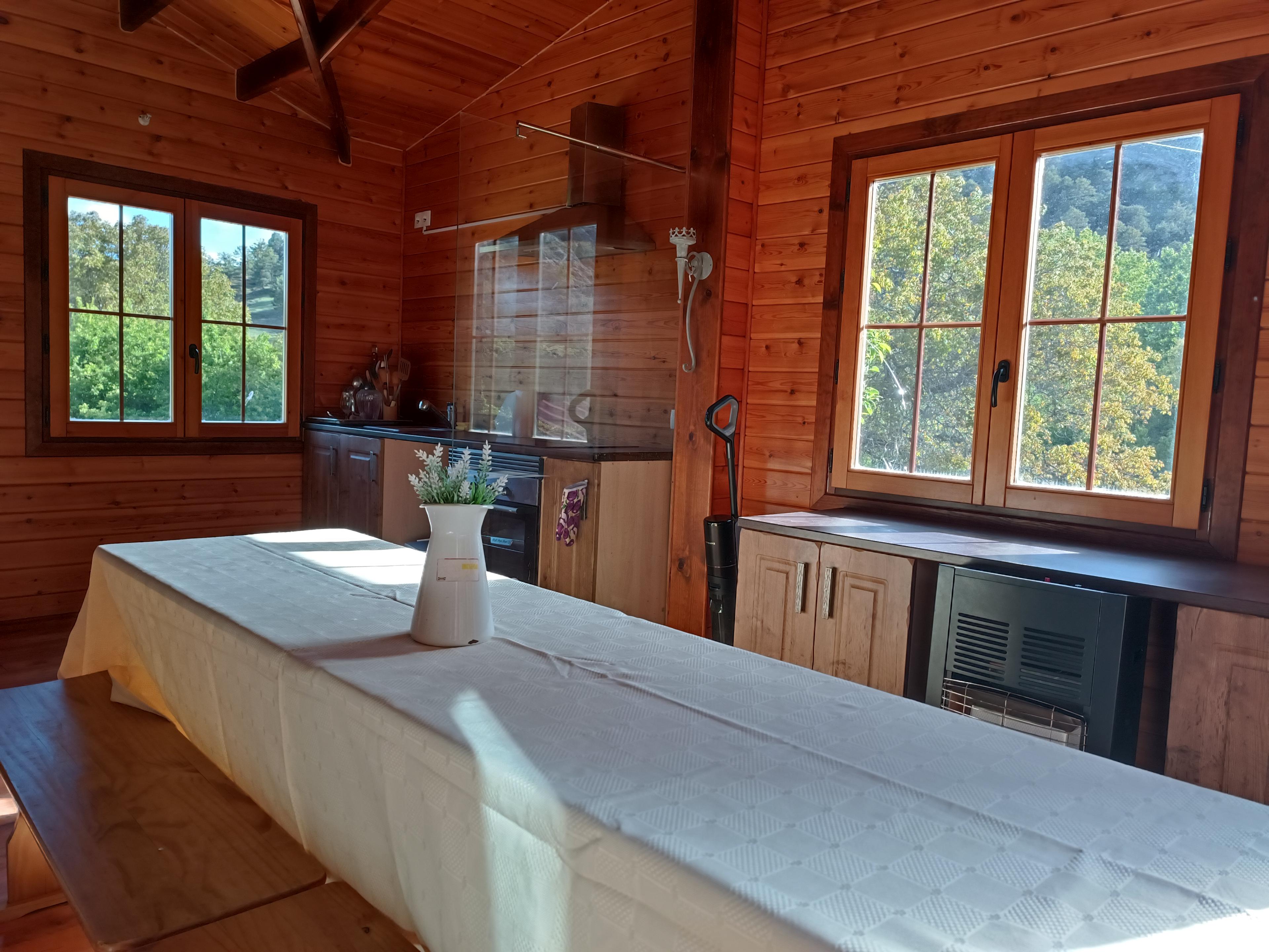 Comedor con mesa larga, cocina al fondo y dos ventanas grandes